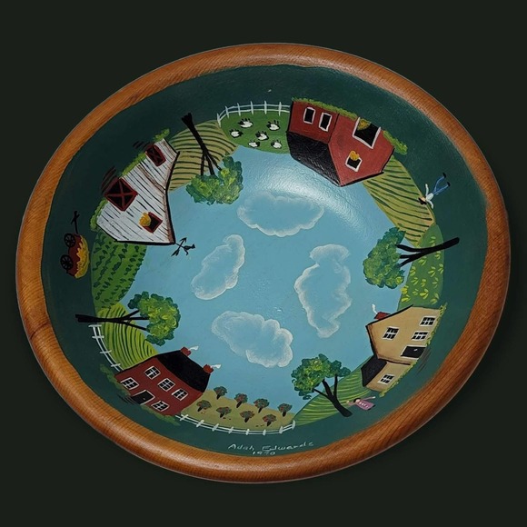 Hand painted wood bowl folk art Adah Edwards, 1990, farm scenes - Picture 1 of 10